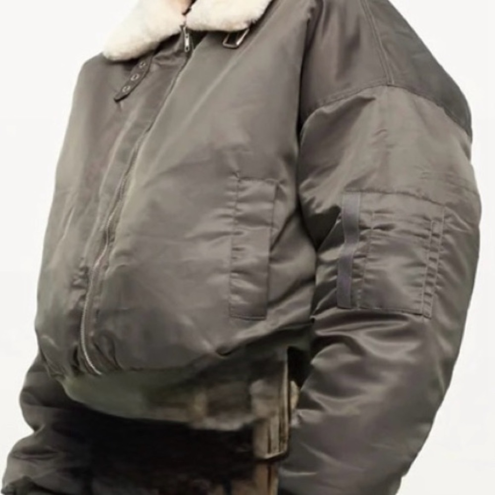 Lioness Gray Bomber Jacket with Cream Collar - Picture 3 of 15